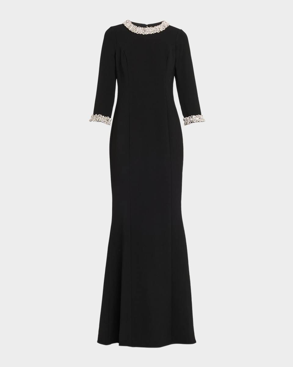 Crystal-Trim Crepe Mermaid Gown